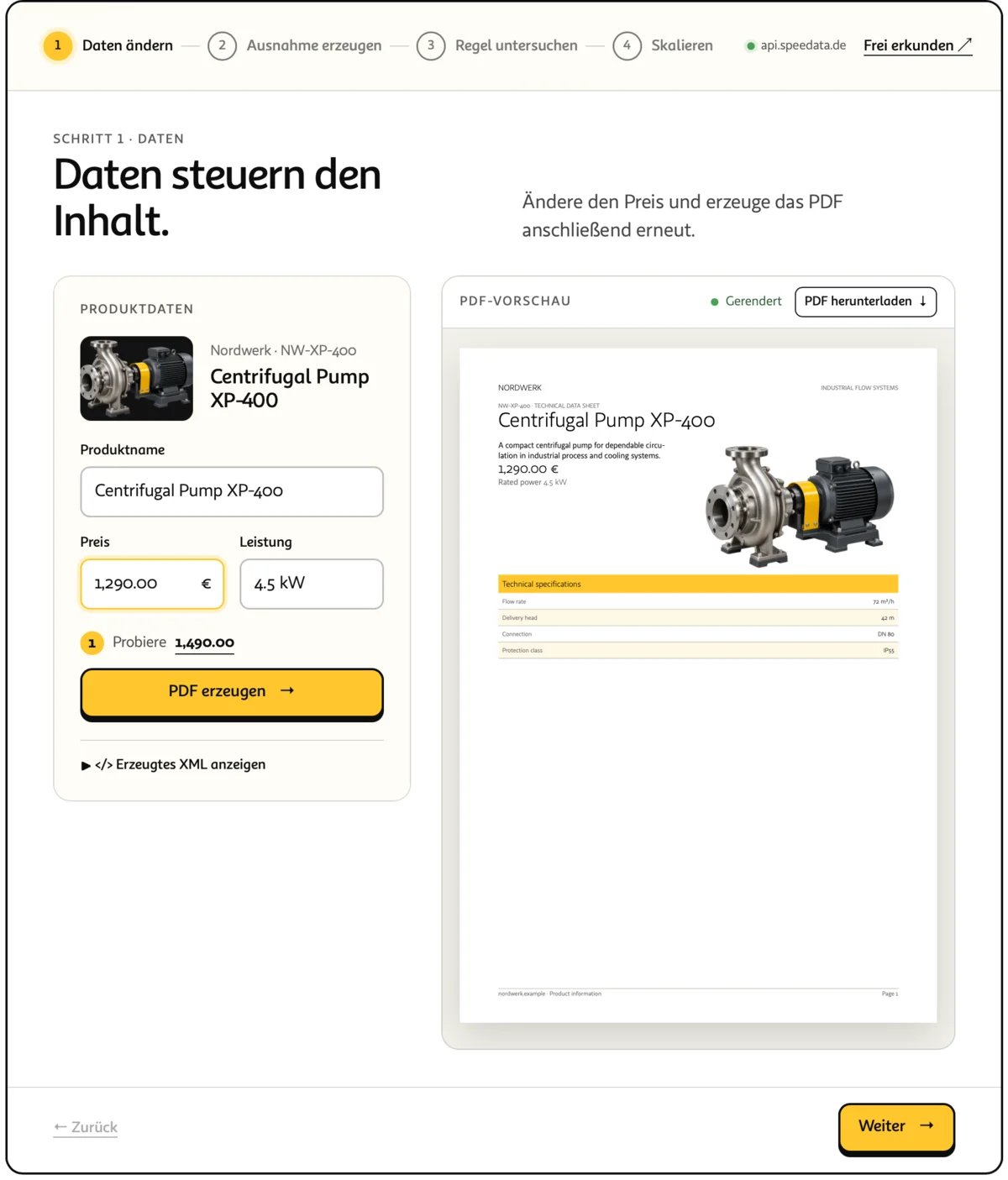 Schritt 1 der interaktiven Tour: links werden Produktdaten geändert, rechts erscheint die gerenderte PDF-Vorschau