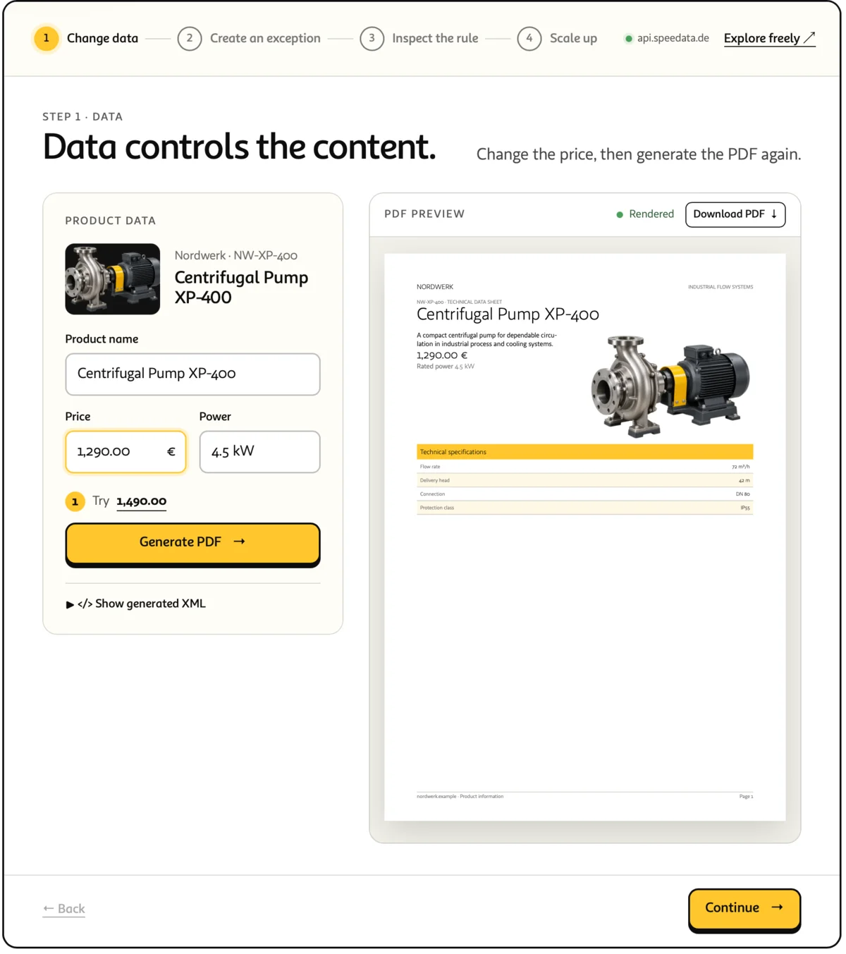 Step 1 of the interactive tour: product data is edited on the left, the rendered PDF preview appears on the right